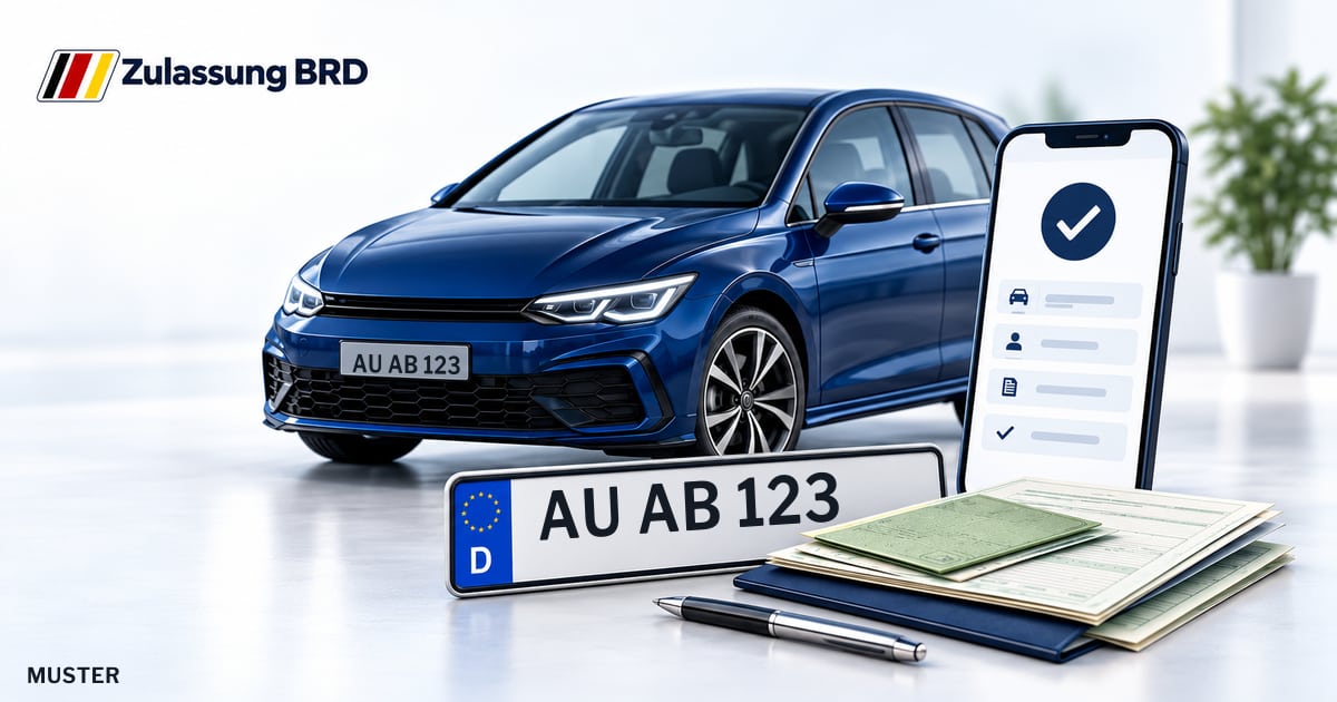 Online Fahrzeugzulassung in Stollberg: Musterkennzeichen AU AB 123, Auto und Fahrzeugpapiere und Smartphone. Illustration mit Logo von Zulassung BRD.
